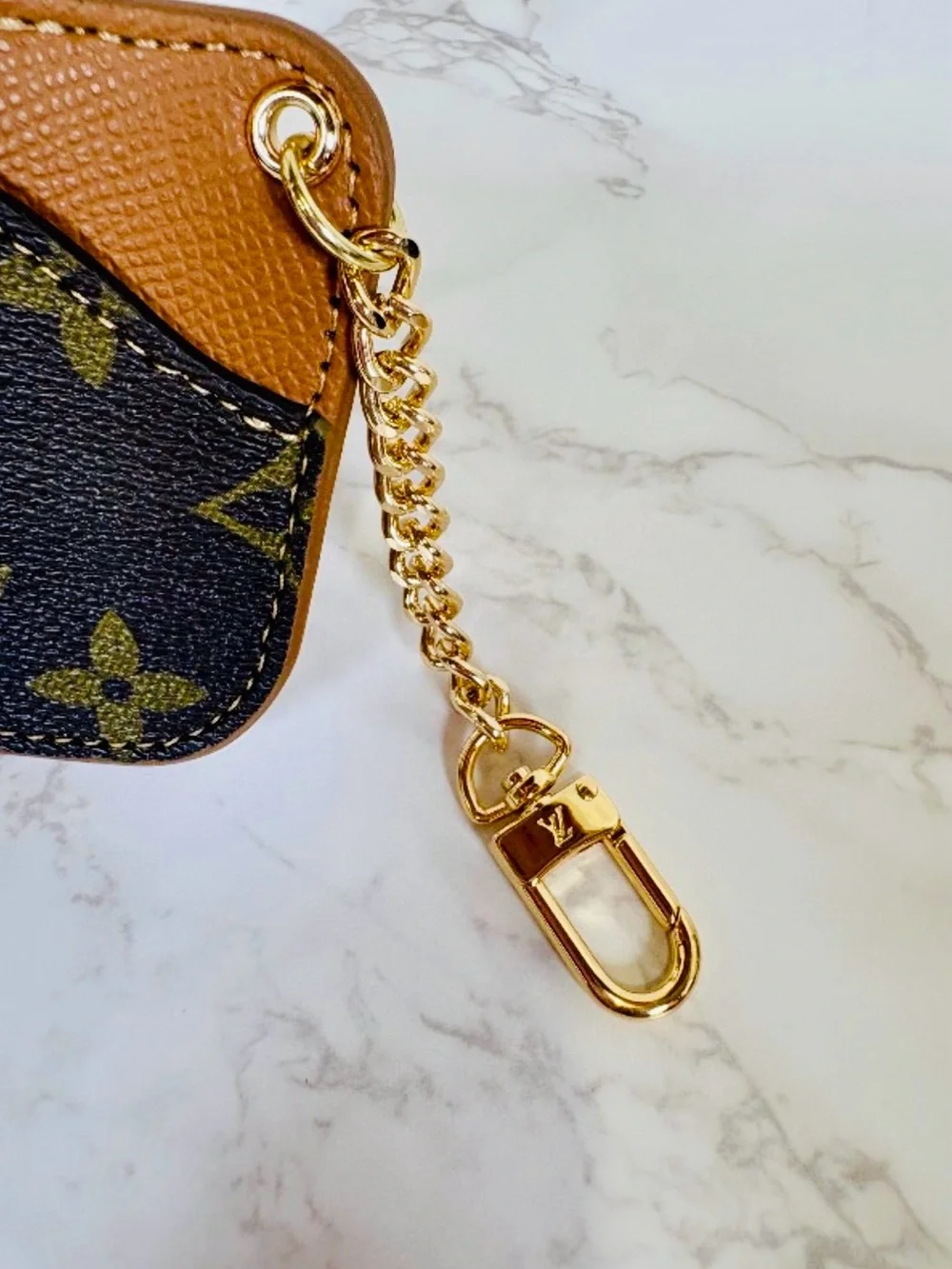 EYEGLASS CASE: Monogram Tan & Beige Pleather w/Golden Chain w/Clasp, NWOT